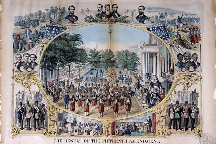 Metcalf and Clark’s lithograph of “The result of the Fifteenth Amendment, and the rise and progress of the African race in America and its final accomplishment, and celebration on May 19th, A.D., 1870.”