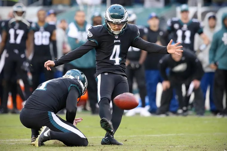 Eagles kicker Jake Elliott (4) kicks the game-winning field goal in the fourth quarter of a game at Lincoln Financial Field in South Philadelphia on Sunday, Nov. 25, 2018. The Eagles won 25-22. TIM TAI / Staff Photographer