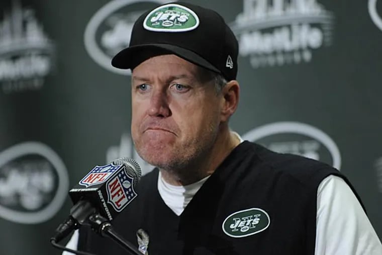 New York Jets head coach Rex Ryan talks during a post-game news conference after of an NFL football game against the Arizona Cardinals, Sunday, Dec. 2, 2012, in East Rutherford, N.J. The Jets won 7-6. (AP Photo/Bill Kostroun)