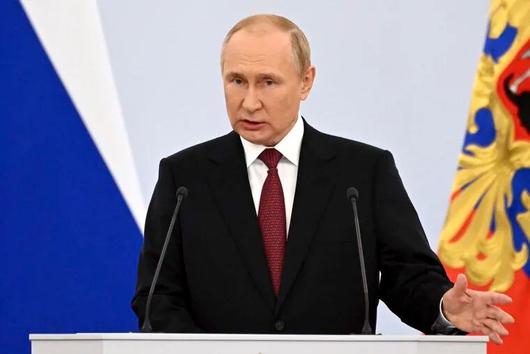 Russian President Vladimir Putin speaks during celebrations marking the incorporation of regions of Ukraine to join Russia, in Red Square in Moscow.