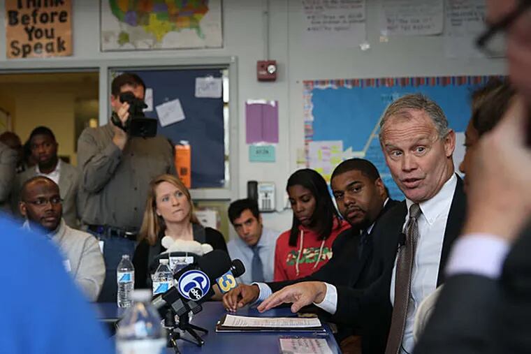 House Speaker Mike Turzai (right) in a roundtable discussion with charter school parents. He called on the School Reform Commission to approve some of the applications for 40 new charter schools in Philadelphia.
