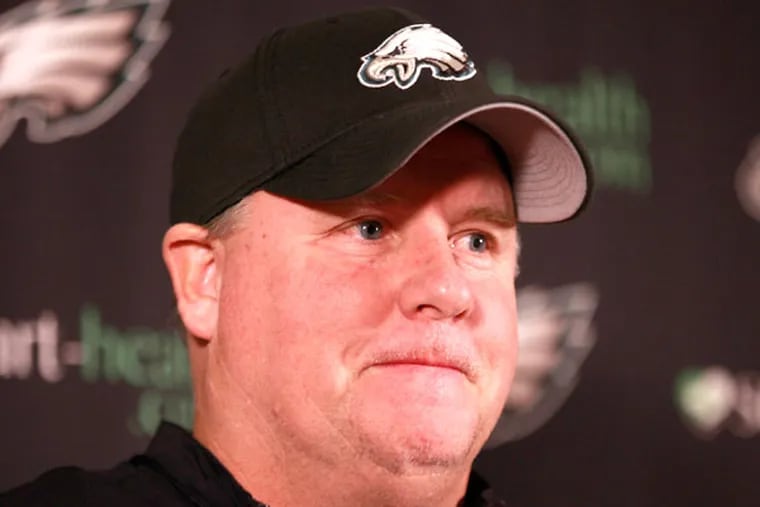 Chip Kelly speaks to reporters before practice at the NovaCare Complex
Wednesday December 11, 2013. (David Swanson/Staff Photographer)