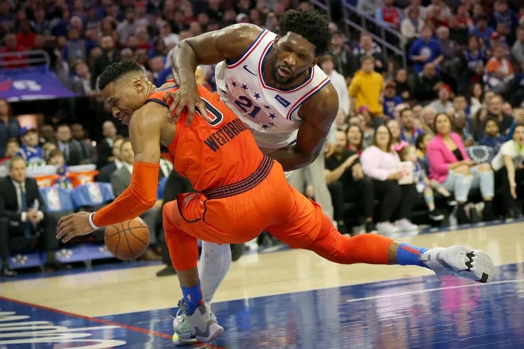 Russell Westrbook, shown here in 2019 while with Oklahoma City, is 19-5 in his career against the Sixers. And he's been a frequent nemesis to Joel Embiid.