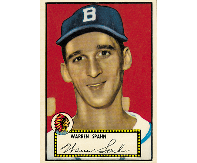 Warren Spahn's 1952 Topps baseball card.