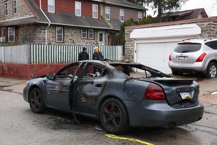 A bound man was set afire in this car  on the 5400 block of Westford Road, in the Olney section of Philadelphia, on Monday, Feb. 12, 2018.
