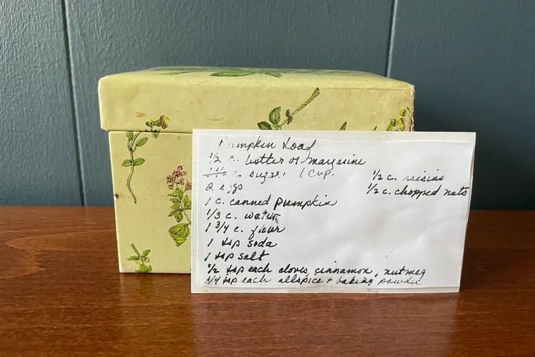 The author's recipe box with her mother's holiday recipe for pumpkin loaf, in her mother's handwriting.