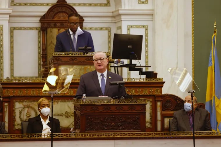 Philadelphia Mayor Jim Kenney delivers his eighth and final budget address to City Council. Council President Darrell L. Clarke stands above.