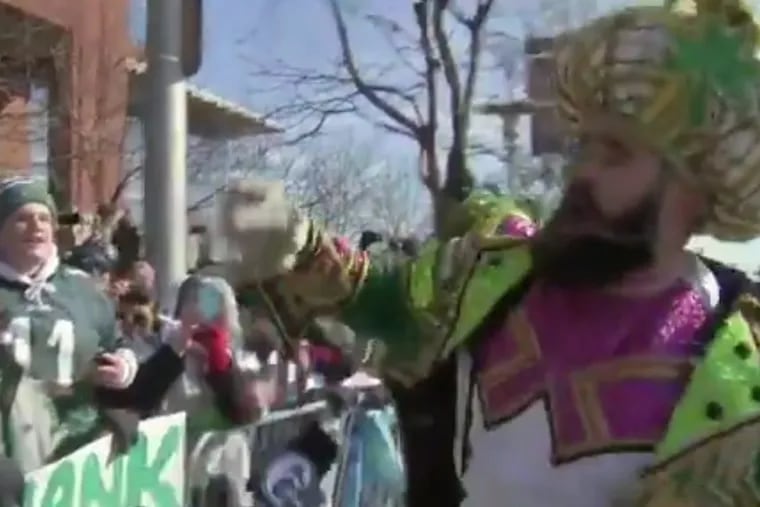 Eagles center Jason Kelce joined a crowd singing, “We’re from Philly” before 6ABC cut away due the song’s profane lyrics.