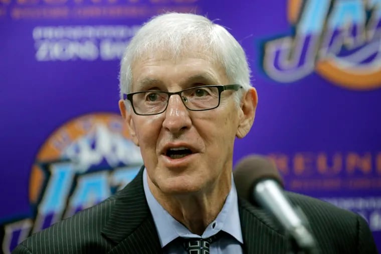 Jerry Sloan speaking at a 2017 news conference in Salt Lake City.
