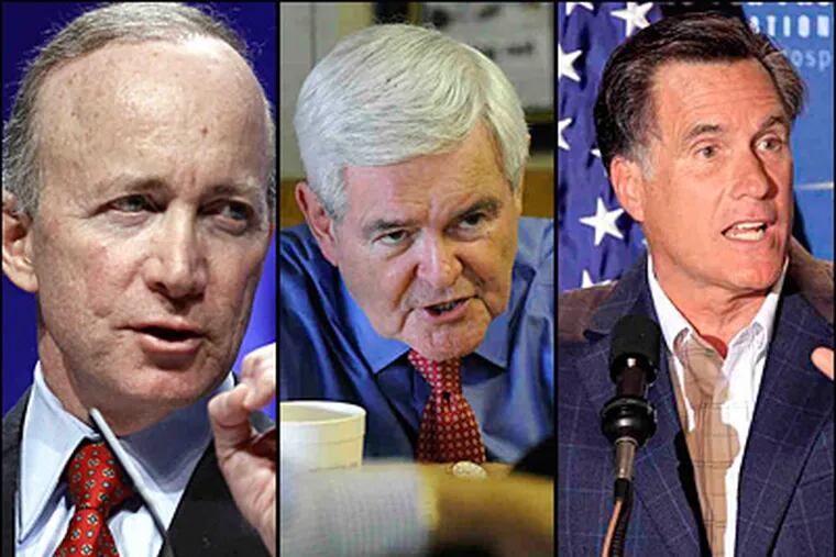 Indiana Gov. Mitch Daniels (from left), former House Speaker Newt Gingrich and former Massachusetts Gov. Mitt Romney are all GOP presidential hopefuls who have past mistakes to overcome. (AP/file)