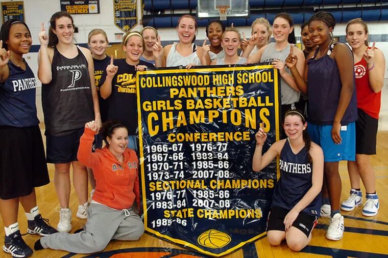 The Collingswood basketball team with the banner listing its 2007-08 sectional title. &quot;You realize that once that banner comes up, it&#0039;s never coming down,&quot; senior Danielle Trucksess said.