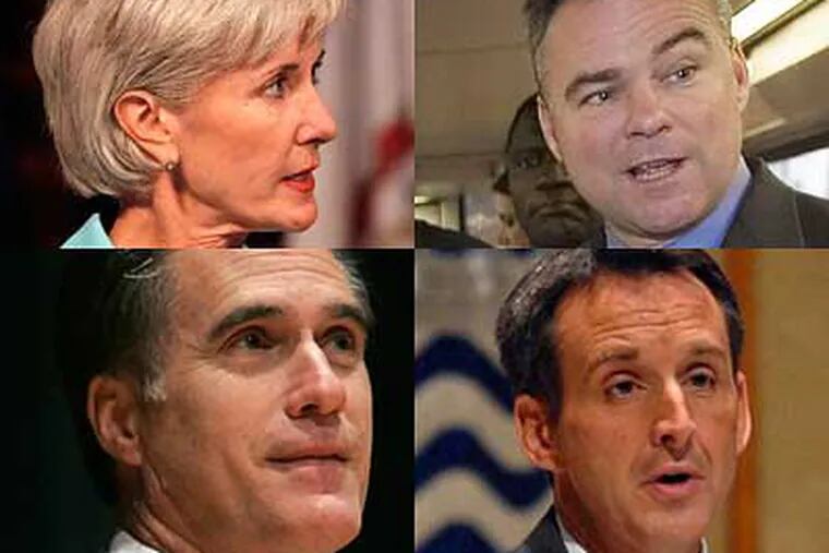 Possible presidential running mates include (clockwise from top left) Kansas Gov. Kathleen Sebelius, Virginia Gov. Tim Kaine, Minnesota Gov. Tim Pawlenty,  and former GOP candidate Mitt Romney.