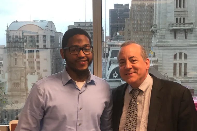 Jabir Kennedy, left, and his lawyer, David Nenner, in Nenner's Center City office Thursday, March 21, 2019. Kennedy was acquitted by a jury after he claimed self-defense in the shootings of four men, one of whom died.