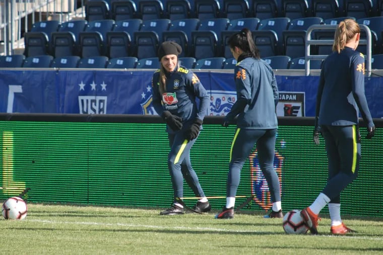 Brazilian soccer legend Marta Vieira da Silva, known to fans worlwide simply as Marta, training at Talen Energy Stadium on Tuesday ahead of Brazil's game against England on Wednesday in the SheBelieves Cup.