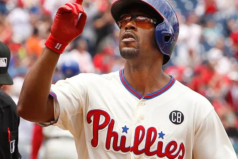 Phillies Jimmy Rollins reacts after his first inning HR.  Philadelphia
Phillies vs Cincinnati Reds on Sunday, May 18, 2014 at Citizens Bank
Park.  ( RON CORTES / Staff Photographer ).