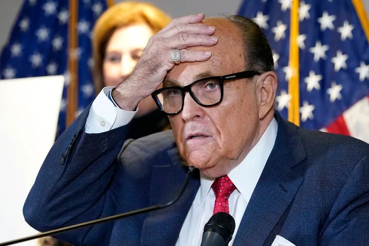 Former New York Mayor Rudy Giuliani, who was a lawyer for President Donald Trump, speaks during a 2020 news conference at the Republican National Committee headquarters in Washington.