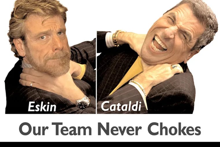 Elements from a 2006 billboard featuring Howard Eskin and Angelo Cataldi pretending to choke each other. It was a promotion for their shows on SportsTalk Radio WIP.