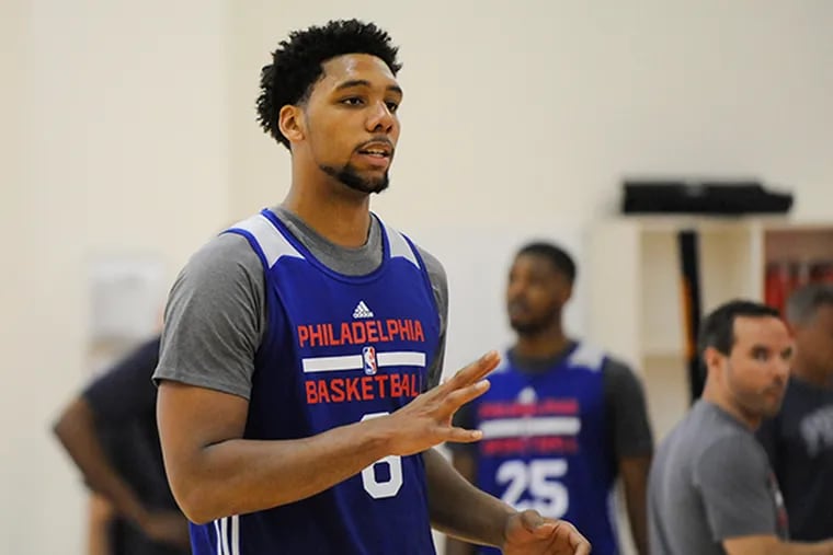 Jahlil Okafor speaks to the media after practice at the Philadelphia College of Osteopathic Medicine in Philadelphia, Pa. on Thursday, July 2, 2015. (MICHAEL PRONZATO / Staff Photographer)