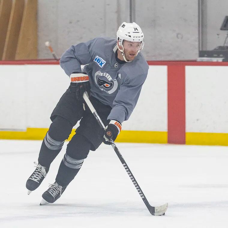 Center Sean Couturier skating during practice at the Flyers Training Center in Voorhees on Friday.