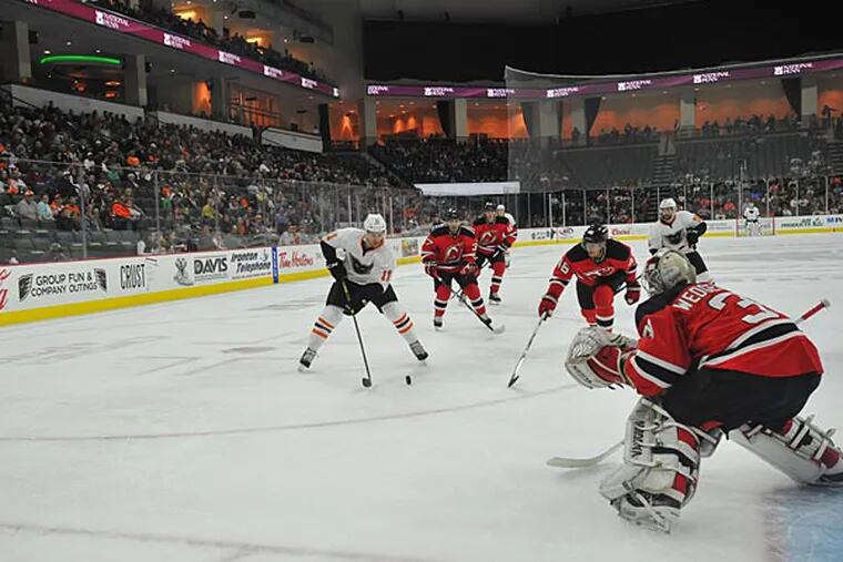 Phantom's Austin Fyten looks for a goal against the Devils during a preseason ice hickey game held at PPL Center in Allentown. (April Bartholomew/The Morning Call)