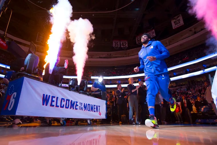 Joel Embiid of the Sixers is introduced as part of the starting line-up against the Spurs on Jan. 23, 2019.
