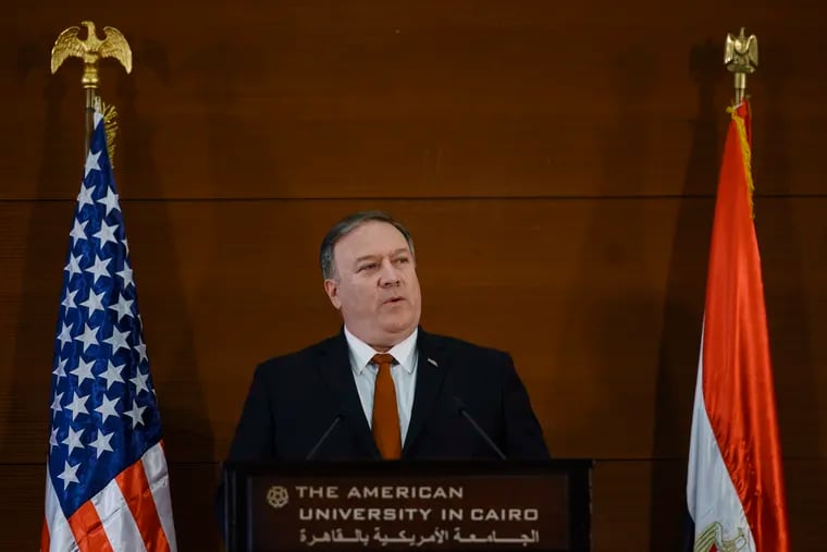 In this Thursday, Jan. 10, 2019 file photo, U.S. Secretary of State Mike Pompeo, speaks to students at the American University Cairo in the eastern suburb of New Cairo, Egypt.  Pompeo "expressed outrage" to Egypt's president on Sunday at the death of an American citizen who insisted he had been wrongfully held in Egyptian prison, according to a state department spokeswoman. (AP Photo/Andrew Caballero-Reynolds, File)