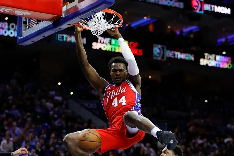 Sixers forward Paul Reed dunks the basketball past Miami Heat guard Kyle Lowry during the second quarter in game four of the second-round Eastern Conference playoffs on Sunday, May 8, 2022 in Philadelphia.