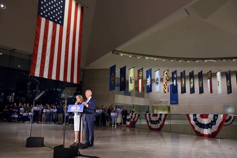 With an audience of staffers and volunteers from his Philadelphia campaign headquarters, former vice president Joe Biden makes a last minute stop at the National Constitution Center with his wife, Jill Biden, on Tuesday.