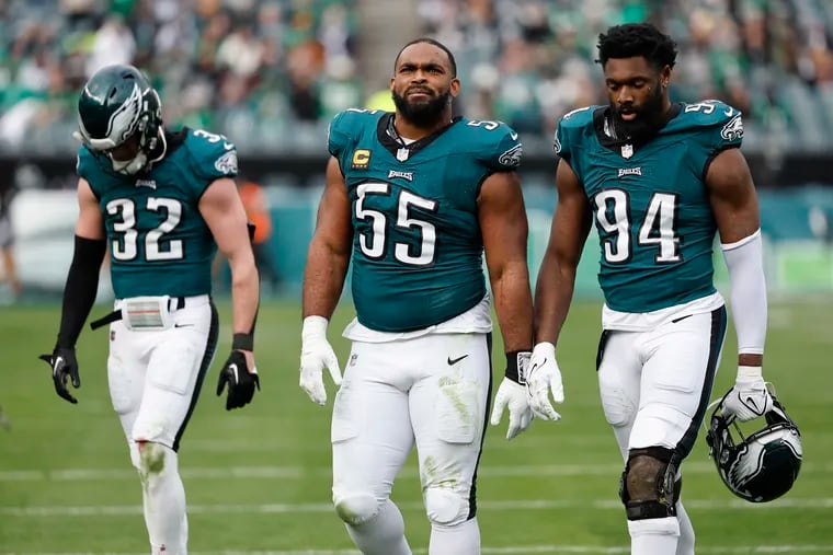 Reed Blankenship (32), Brandon Graham (55), Josh Sweat and the Eagles allowed 449 total yards, including 221 rushing yards, to the Cardinals on Sunday.
