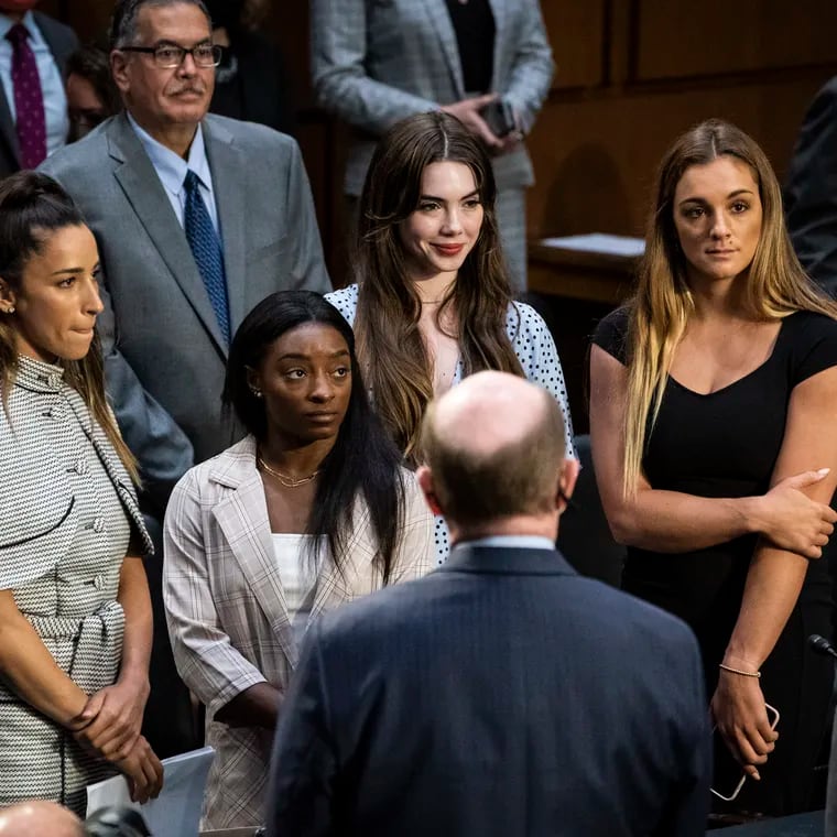 United States gymnasts Aly Raisman, Simone Biles, McKayla Maroney, and Maggie Nichols testify before the Senate Judiciary Committee  in September 2021.