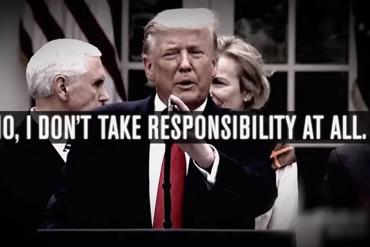A screengrab of one of several ads airing in Pennsylvania this month by Democratic Political Action Committees slamming Trump's response to the coronavirus.