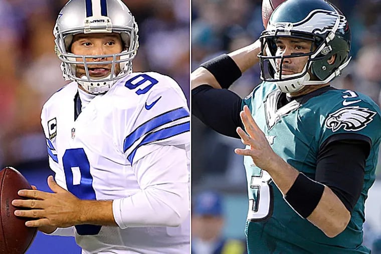 Cowboys quarterback Tony Romo and Eagles quarterback Mark Sanchez. (AP and USA Today photos)