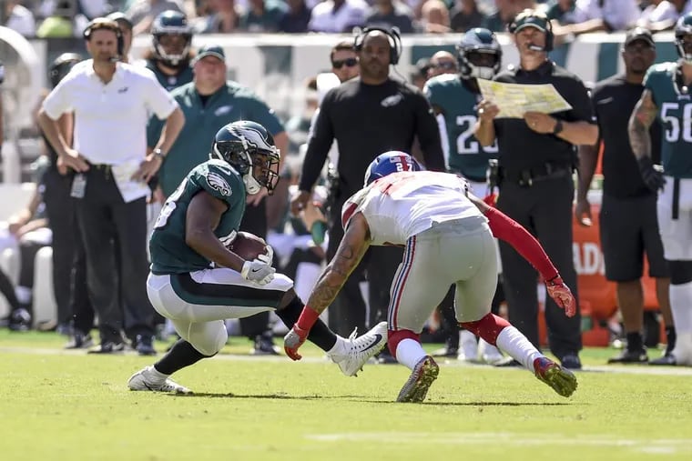 Eagles running back Darren Sproles’ on the play during which he tore his ACL and broke his right arm against the Giants.
