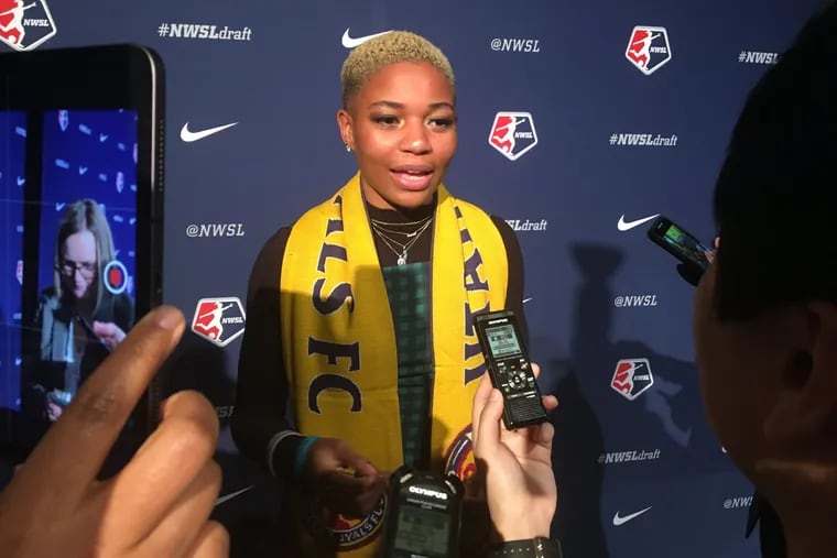 Sicklerville, N.J., native Tziarra King, a product of Winslow Township High School and N.C. State, meets with the media after being picked in the first round of the 2020 NWSL draft by the Utah Royals.