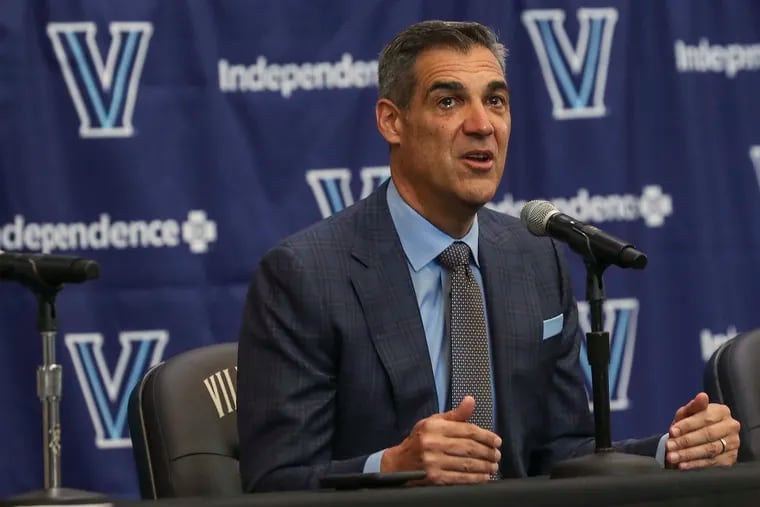 Outgoing longtime Villanova head coach Jay Wright is teary-eyed while he speaks during a press conference announcing Wright’s retirement and the hiring of Kyle Neptune at the Finneran Pavilion in Villanova on Friday, April 22, 2022.