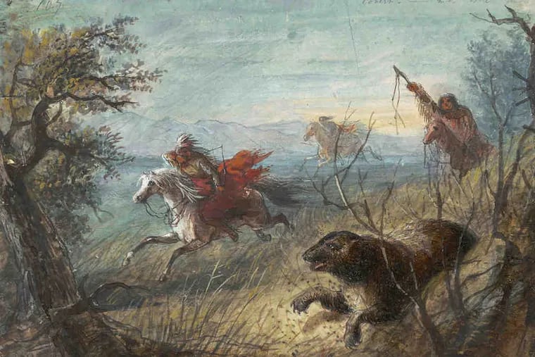 &quot;Grizzly Bear Hunt&quot; by Alfred Jacob Miller, with naive touches such as the hunted bear that looks more like a wolverine or a giant groundhog, and the &quot;hobbyhorse&quot; posture of galloping horses.