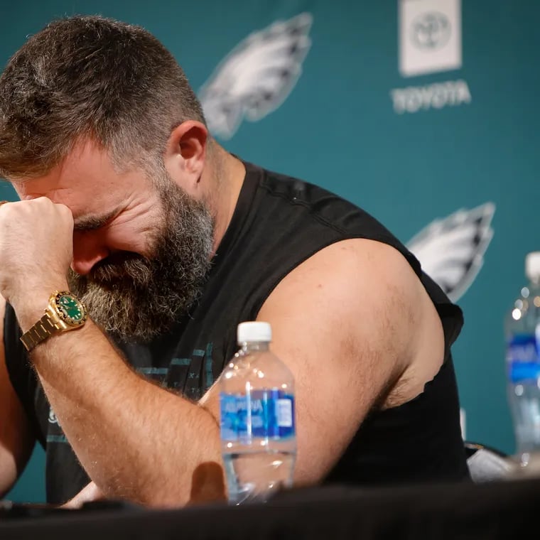 Eagles center Jason Kelce weeps during his retirement press conference. But it doesn't sounds like he's crying over his lost Super Bowl ring.