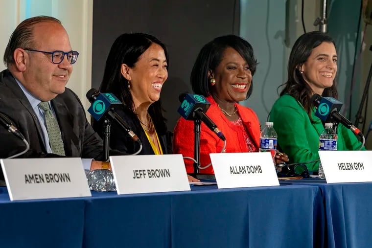 Candidates (from left) Allan Domb, Helen Gym, Cherelle Parker, and Rebecca Rhynhart participate in a mayoral forum on April 20, 2023. A new poll showed the four are all within striking distance of winning the Democratic primary.