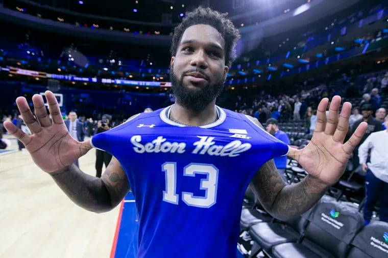 Myles Powell of Seton Hall celebrates as he comes off the court after their victory over Villanova on Feb. 8, 2020 at the Wells Fargo Center.
