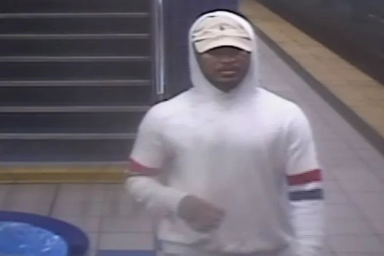 The Philadelphia Police Department provided image of a male wanted for a point of gun rape that occurred on July 3rd,2018 at 9:42 pm on the 1400 block of JFK Boulevard at the SEPTA City Hall Platform. He is described as a tall,thin,light skinned black male with a mustache. He was last seen wearing a tan hat, white hooded sweatshirt with red and blue stripes on the sleeve, grey sweatpants and red sneakers.