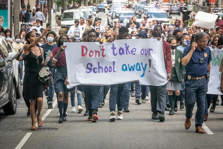 Charter school students, staff, and supporters marched from school district headquarters on North Broad Street to a rally at City Hall on Thursday, protesting a move by the Philadelphia school board to not renew two Black-led charters.