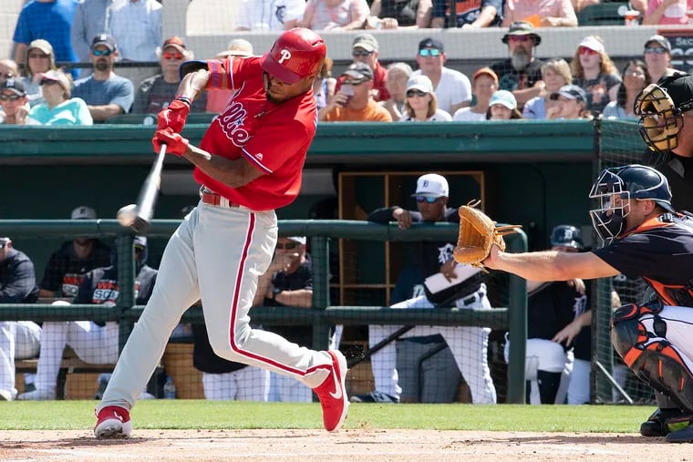 Phillies, Nick Williams, 5, bats against Detroit Tigers, during the first inning of the game at Publix Field in Lakeland, Fla. Sunday, Feb. 24, 2019.