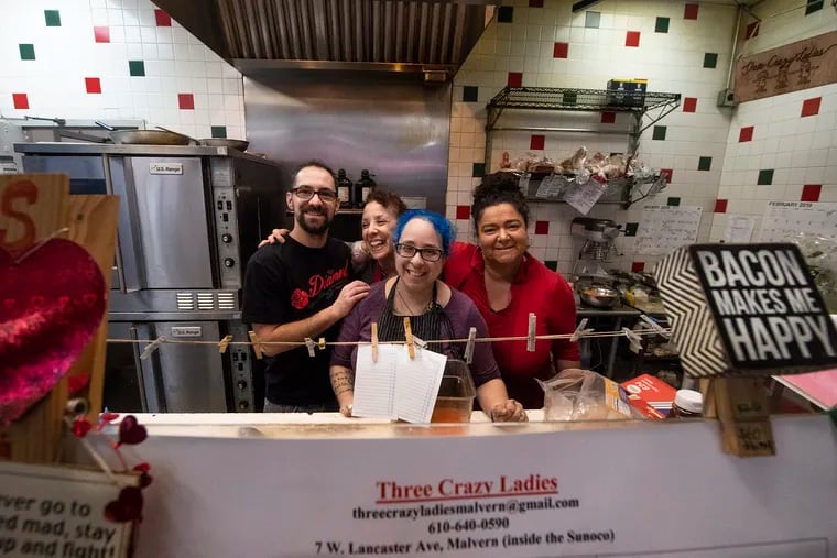 From left, Chefs Mike DeMul, Debbie Goldberg, Cathie Josephs, and Zoe Goldberg front, pose for a photo during lunch time at Three Crazy Ladies (inside the Sunoco Gas Station) on Lancaster Ave in Malvern.