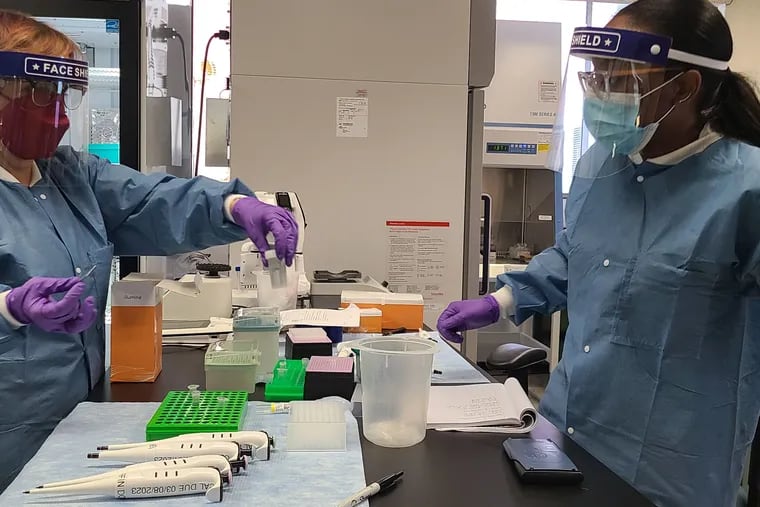Philadelphia Department of Public Health staff work to identify the genetic code of a COVID-19 test sample in the city's newly opened sequencing lab.