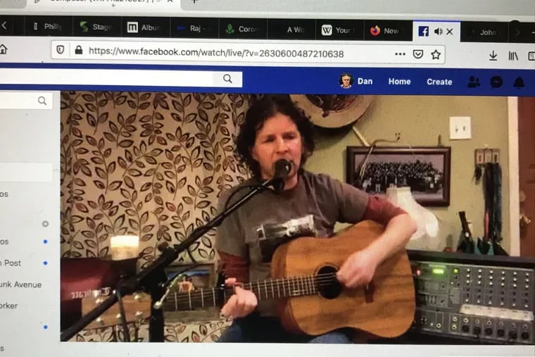 A screen shot of Philadelphia songwriter John Byrne playing a concert in his living room on Facebook Live this week.