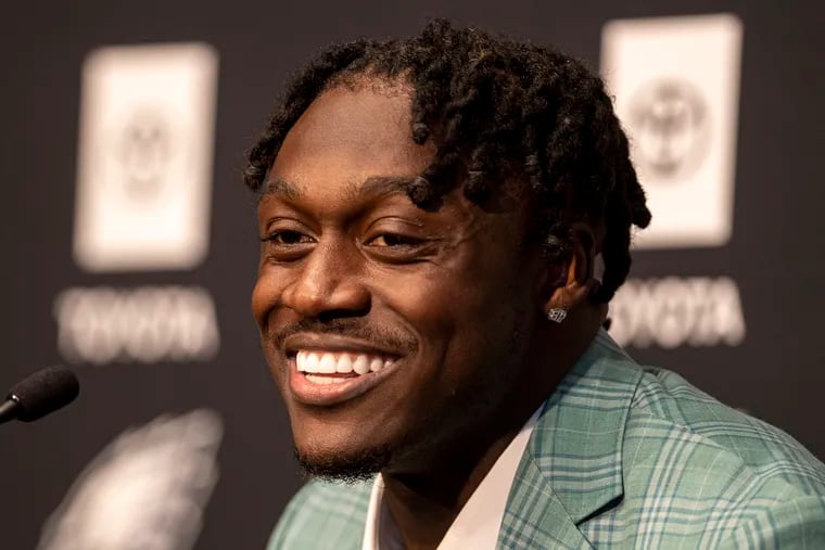 New Eagles wide receiver A.J. Brown smiles on Monday, may 2, 2022., during an introduction press conference at the NovaCare Complex in Philadelphia, Pa.