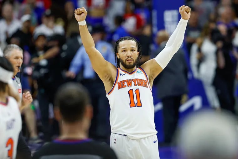 All-Star guard Jalen Brunson celebrates during a Knicks victory in Game 6 that ended the Sixers' season.