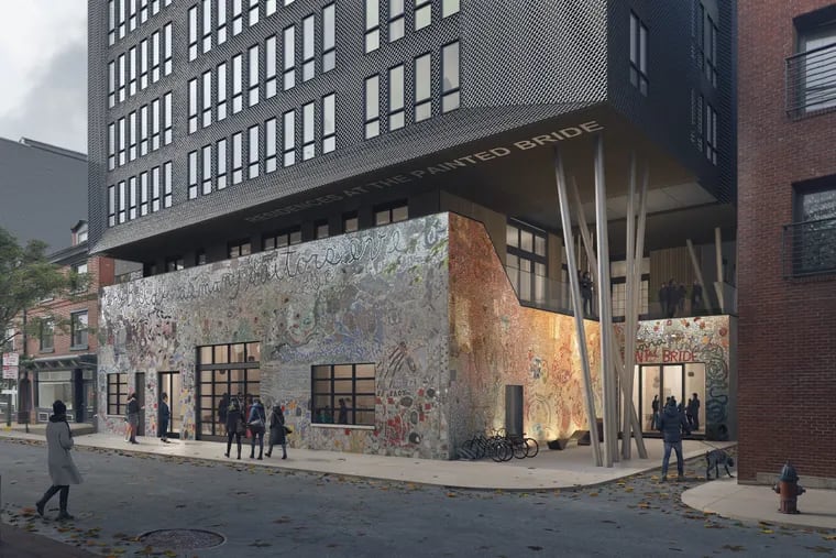 A rendering shows plans by Shimi Zakin of Atrium Design Group to hover apartments above the Painted Bride building.