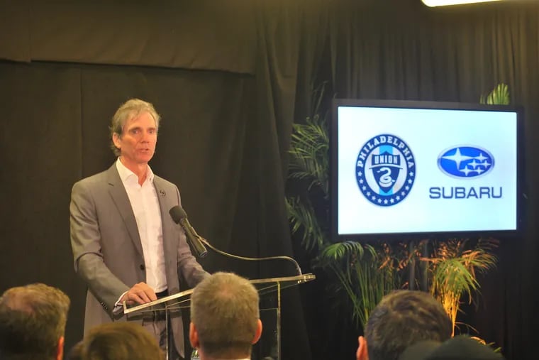 Union majority owner Jay Sugarman speaking at the ceremony announcing Subaru Park as the new name of the team's stadium.