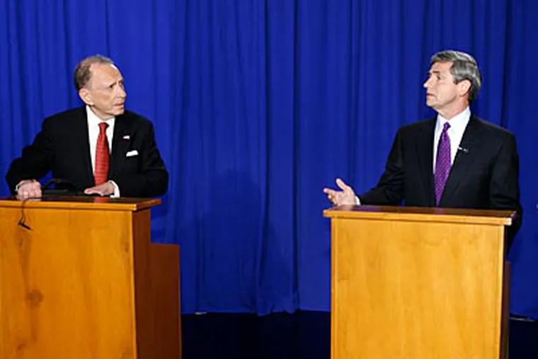 Sen. Arlen Specter, left, D-Pa., prepares for a debate with U.S. Rep. Joe Sestak, D-Pa., in Philadelphia on  May 1. (AP Photo/Mark Stehle)